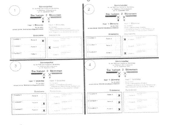 Abbildung zu Frage g130: „Welcher Stimmzettel wäre bei einer Bundestagswahl gültig?“ — die nummerierten Bildfelder entsprechen den Antwortmöglichkeiten 1 bis 4.