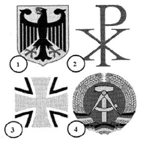 Abbildung zu Frage g209: „Welches war das Wappen der Deutschen Demokratischen Republik?“ — die nummerierten Bildfelder entsprechen den Antwortmöglichkeiten 1 bis 4.