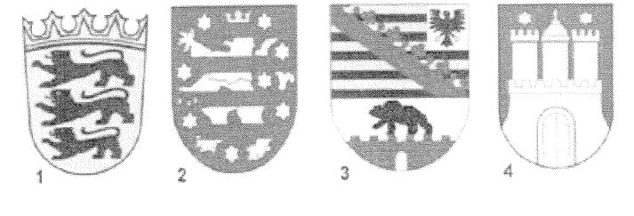 Abbildung zu Frage bw01: „Welches Wappen gehört zum Bundesland Baden-Württemberg?“ — die nummerierten Bildfelder entsprechen den Antwortmöglichkeiten 1 bis 4.