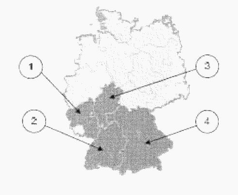 Abbildung zu Frage bw08: „Welches Bundesland ist Baden-Württemberg?“ — die nummerierten Bildfelder entsprechen den Antwortmöglichkeiten 1 bis 4.