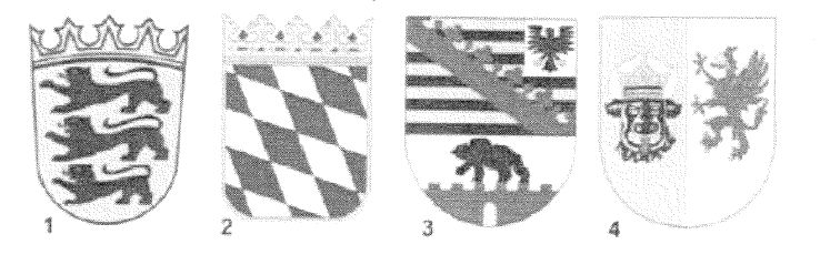 Abbildung zu Frage by01: „Welches Wappen gehört zum Freistaat Bayern?“ — die nummerierten Bildfelder entsprechen den Antwortmöglichkeiten 1 bis 4.