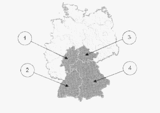 Abbildung zu Frage by08: „Welches Bundesland ist Bayern?“ — die nummerierten Bildfelder entsprechen den Antwortmöglichkeiten 1 bis 4.