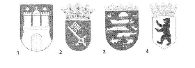 Abbildung zu Frage be01: „Welches Wappen gehört zum Bundesland Berlin?“ — die nummerierten Bildfelder entsprechen den Antwortmöglichkeiten 1 bis 4.