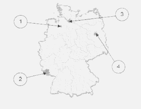 Abbildung zu Frage be08: „Welches Bundesland ist Berlin?“ — die nummerierten Bildfelder entsprechen den Antwortmöglichkeiten 1 bis 4.
