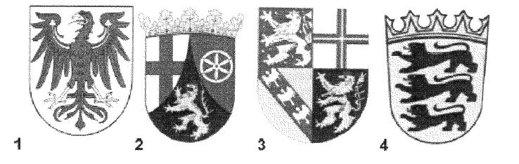Abbildung zu Frage bb01: „Welches Wappen gehört zum Bundesland Brandenburg?“ — die nummerierten Bildfelder entsprechen den Antwortmöglichkeiten 1 bis 4.