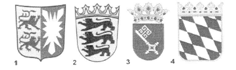 Abbildung zu Frage hb01: „Welches Wappen gehört zur Freien Hansestadt Bremen?“ — die nummerierten Bildfelder entsprechen den Antwortmöglichkeiten 1 bis 4.