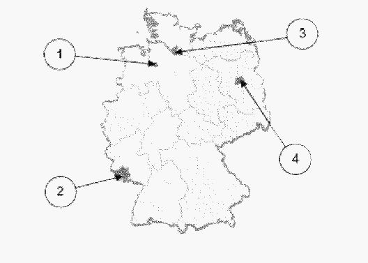 Abbildung zu Frage hb08: „Welches Bundesland ist Bremen?“ — die nummerierten Bildfelder entsprechen den Antwortmöglichkeiten 1 bis 4.