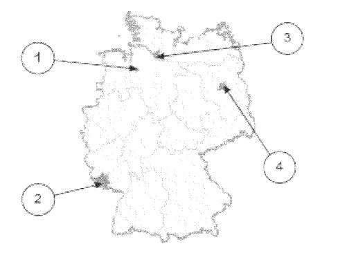 Abbildung zu Frage hh08: „Welches Bundesland ist Hamburg?“ — die nummerierten Bildfelder entsprechen den Antwortmöglichkeiten 1 bis 4.