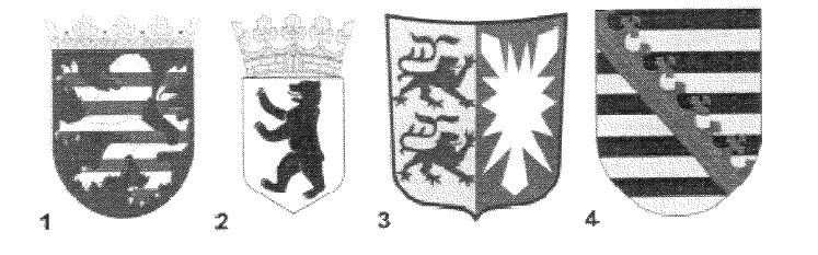 Abbildung zu Frage he01: „Welches Wappen gehört zum Bundesland Hessen?“ — die nummerierten Bildfelder entsprechen den Antwortmöglichkeiten 1 bis 4.