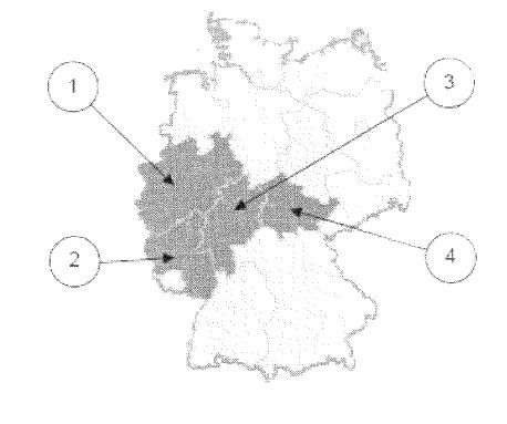 Abbildung zu Frage he08: „Welches Bundesland ist Hessen?“ — die nummerierten Bildfelder entsprechen den Antwortmöglichkeiten 1 bis 4.