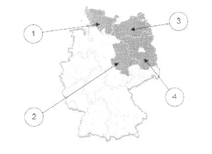 Abbildung zu Frage mv08: „Welches Bundesland ist Mecklenburg-Vorpommern?“ — die nummerierten Bildfelder entsprechen den Antwortmöglichkeiten 1 bis 4.