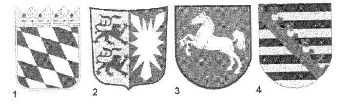 Abbildung zu Frage ni01: „Welches Wappen gehört zum Bundesland Niedersachsen?“ — die nummerierten Bildfelder entsprechen den Antwortmöglichkeiten 1 bis 4.