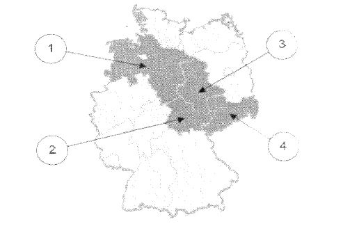 Abbildung zu Frage ni08: „Welches Bundesland ist Niedersachsen?“ — die nummerierten Bildfelder entsprechen den Antwortmöglichkeiten 1 bis 4.
