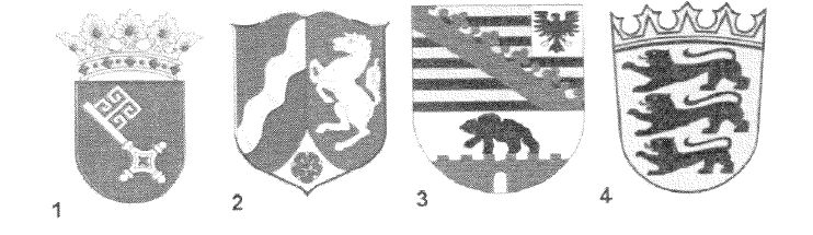 Abbildung zu Frage nw01: „Welches Wappen gehört zum Bundesland Nordrhein-Westfalen?“ — die nummerierten Bildfelder entsprechen den Antwortmöglichkeiten 1 bis 4.