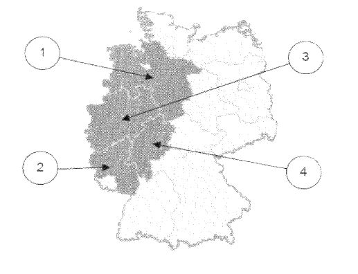 Abbildung zu Frage nw08: „Welches Bundesland ist Nordrhein-Westfalen?“ — die nummerierten Bildfelder entsprechen den Antwortmöglichkeiten 1 bis 4.