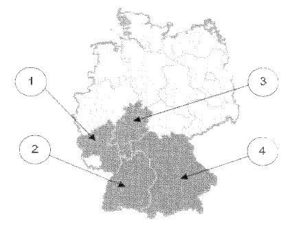 Abbildung zu Frage rp08: „Welches Bundesland ist Rheinland-Pfalz?“ — die nummerierten Bildfelder entsprechen den Antwortmöglichkeiten 1 bis 4.