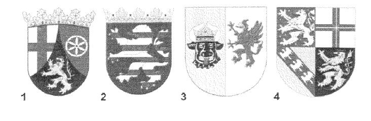 Abbildung zu Frage sl01: „Welches Wappen gehört zum Bundesland Saarland?“ — die nummerierten Bildfelder entsprechen den Antwortmöglichkeiten 1 bis 4.