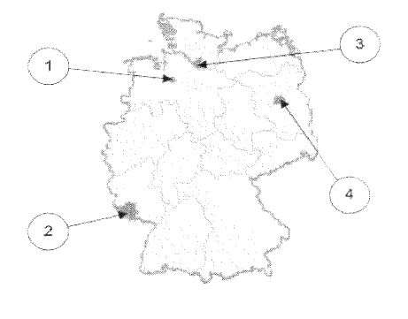 Abbildung zu Frage sl08: „Welches Bundesland ist das Saarland?“ — die nummerierten Bildfelder entsprechen den Antwortmöglichkeiten 1 bis 4.