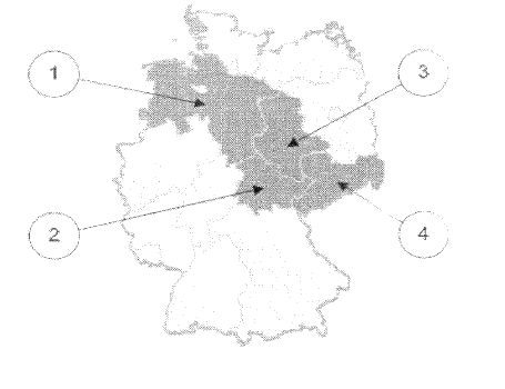 Abbildung zu Frage sn08: „Welches Bundesland ist Sachsen?“ — die nummerierten Bildfelder entsprechen den Antwortmöglichkeiten 1 bis 4.