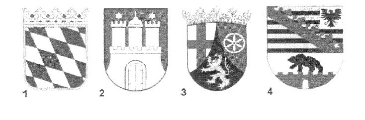 Abbildung zu Frage st01: „Welches Wappen gehört zum Bundesland Sachsen-Anhalt?“ — die nummerierten Bildfelder entsprechen den Antwortmöglichkeiten 1 bis 4.