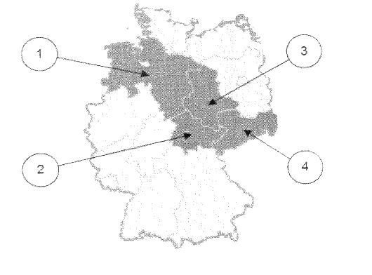 Abbildung zu Frage st08: „Welches Bundesland ist Sachsen-Anhalt?“ — die nummerierten Bildfelder entsprechen den Antwortmöglichkeiten 1 bis 4.