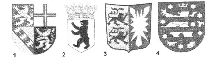 Abbildung zu Frage sh01: „Welches Wappen gehört zum Bundesland Schleswig-Holstein?“ — die nummerierten Bildfelder entsprechen den Antwortmöglichkeiten 1 bis 4.