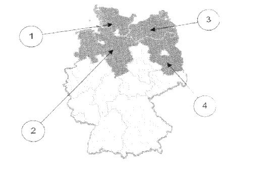 Abbildung zu Frage sh08: „Welches Bundesland ist Schleswig-Holstein?“ — die nummerierten Bildfelder entsprechen den Antwortmöglichkeiten 1 bis 4.