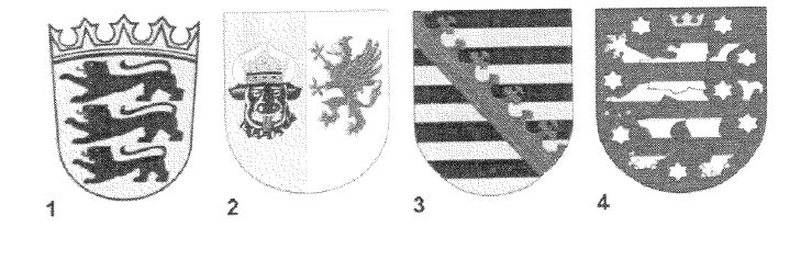 Abbildung zu Frage th01: „Welches Wappen gehört zum Freistaat Thüringen?“ — die nummerierten Bildfelder entsprechen den Antwortmöglichkeiten 1 bis 4.