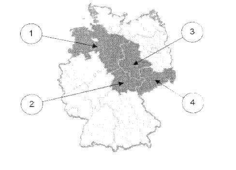 Abbildung zu Frage th08: „Welches Bundesland ist Thüringen?“ — die nummerierten Bildfelder entsprechen den Antwortmöglichkeiten 1 bis 4.